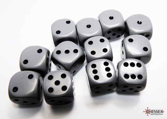 Opaque Grey/black 16mm d6 Dice Block (12 dice)