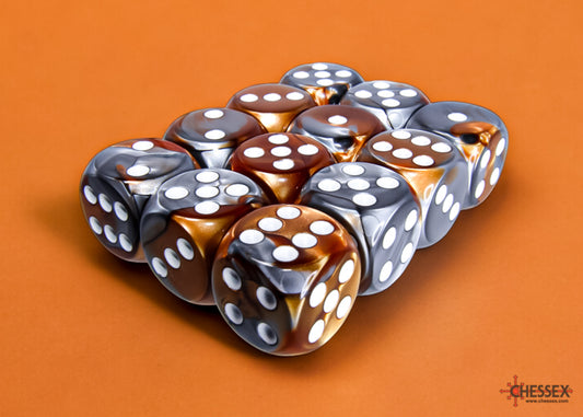 Gemini Copper-Steel/white 16mm d6 Dice Block (12 dice)