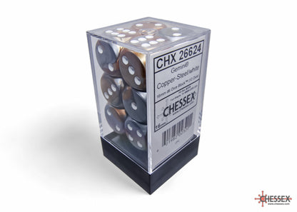 Gemini Copper-Steel/white 16mm d6 Dice Block (12 dice)
