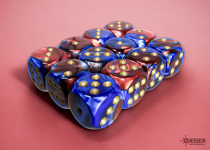 Gemini Blue-Red/gold 16mm d6 Dice Block (12 dice)