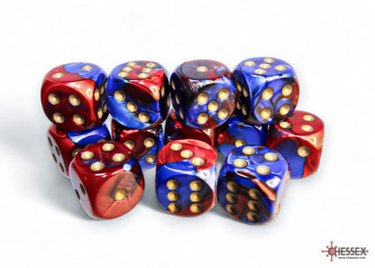 Gemini Blue-Red/gold 16mm d6 Dice Block (12 dice)