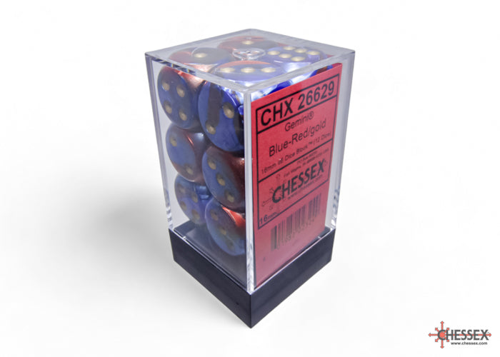 Gemini Blue-Red/gold 16mm d6 Dice Block (12 dice)