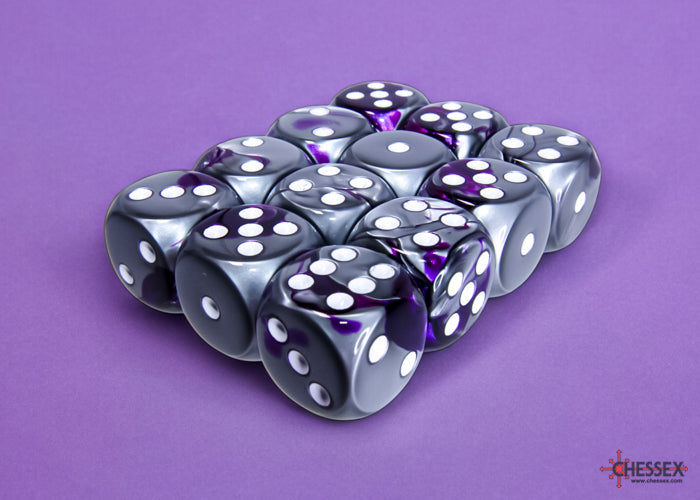 Gemini Purple-Steel/white 16mm d6 Dice Block (12 dice)