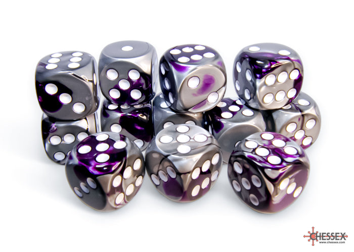 Gemini Purple-Steel/white 16mm d6 Dice Block (12 dice)