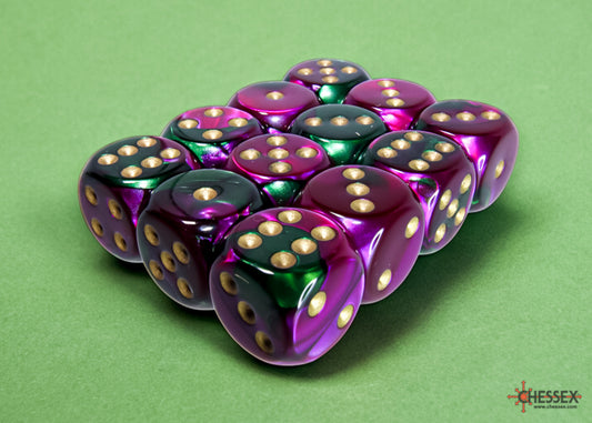 Gemini Green-Purple/gold 16mm d6 Dice Block (12 dice)