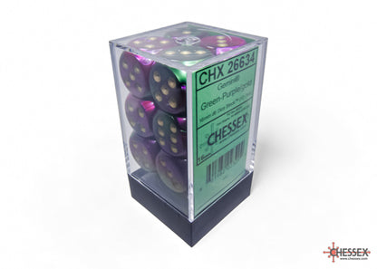 Gemini Green-Purple/gold 16mm d6 Dice Block (12 dice)
