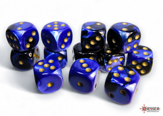 Gemini Black-Blue/gold 16mm d6 Dice Block (12 dice)
