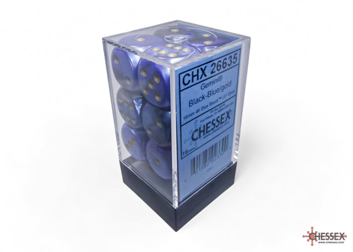 Gemini Black-Blue/gold 16mm d6 Dice Block (12 dice)