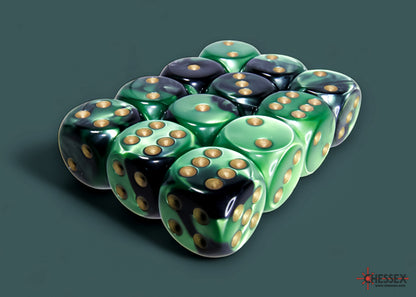 Gemini Black-Green/gold 16mm d6 Dice Block (12 dice)