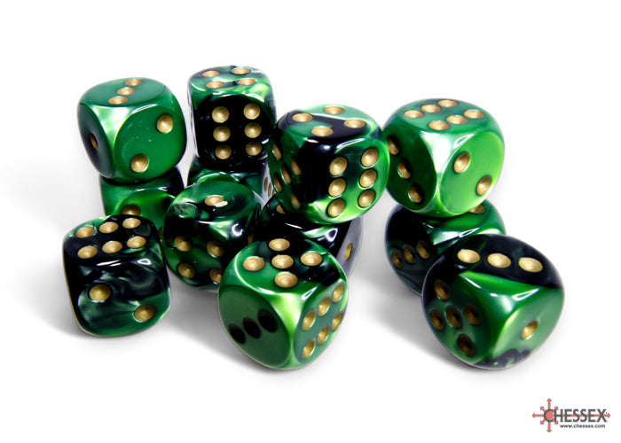 Gemini Black-Green/gold 16mm d6 Dice Block (12 dice)