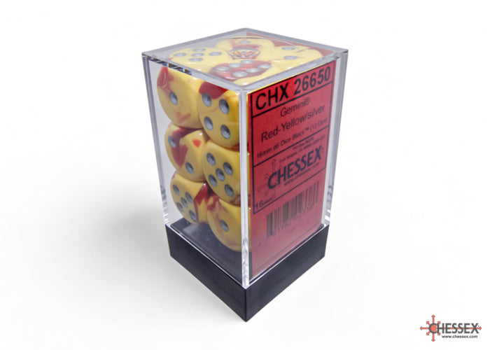 Gemini Red-Yellow/silver 16mm d6 Dice Block (12 dice)