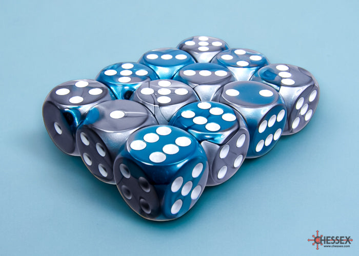Gemini Steel-Teal/white 16mm d6 Dice Block (12 dice)