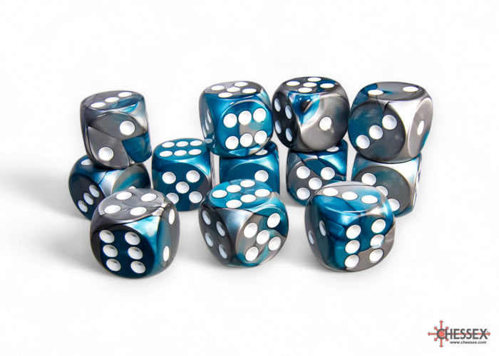 Gemini Steel-Teal/white 16mm d6 Dice Block (12 dice)