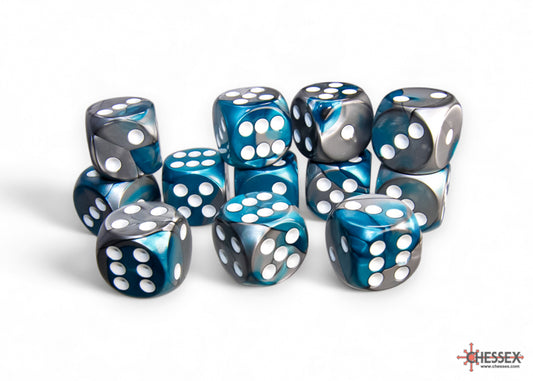 Gemini Steel-Teal/white 16mm d6 Dice Block (12 dice)