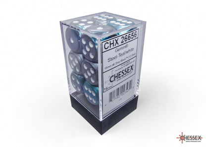 Gemini Steel-Teal/white 16mm d6 Dice Block (12 dice)