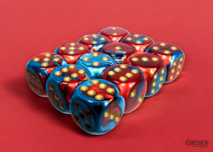 Gemini Red-Teal/gold 16mm d6 Dice Block (12 dice)