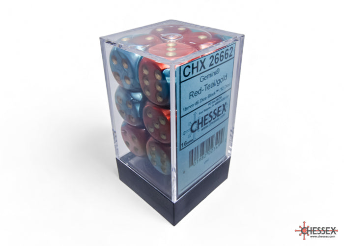 Gemini Red-Teal/gold 16mm d6 Dice Block (12 dice)