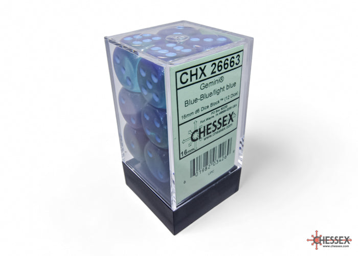 Gemini Blue-Blue/light blue Luminary 16mm d6 Dice Block (12 dice)