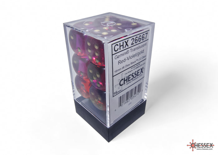 Gemini Translucent Red-Violet/gold 16mm d6 Dice Block (12 dice)