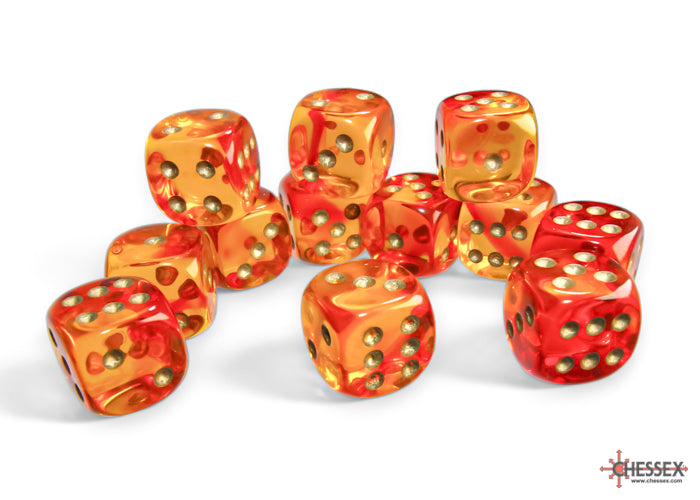 Gemini Translucent Red-Yellow/gold 16mm d6 Dice Block (12 dice)