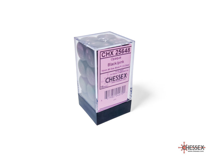 Opaque Black/pink 16mm d6 Dice Block (12 dice)