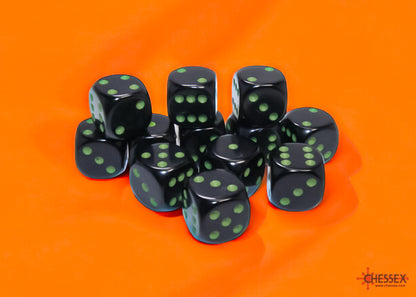 Opaque Black/green 16mm d6 Dice Block (12 dice)