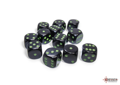 Opaque Black/green 16mm d6 Dice Block (12 dice)