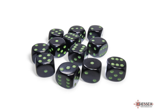 Opaque Black/green 16mm d6 Dice Block (12 dice)