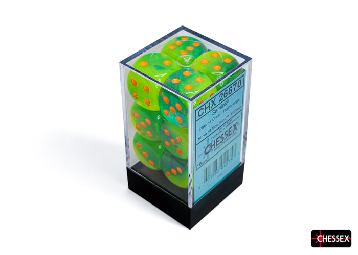 Gemini Plasma Green-Teal/orange Luminary 16mm d6 Dice Block (12 dice)