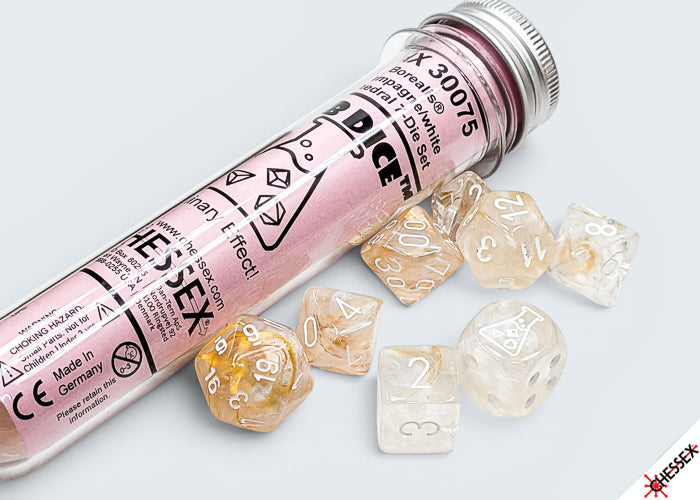 [PREORDER 29 JULY] Borealis Champagne/white Polyhedral Dice Set