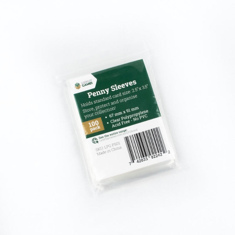 A pack of Penny Sleeves card protectors. The packaging is predominantly green and white, with text detailing the product size and quantity.