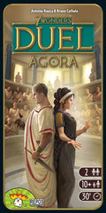 Board game cover for '7 Wonders Duel: Agora' featuring an illustration of Julius Caesar and Cleopatra in a historical setting, with game symbols and text.