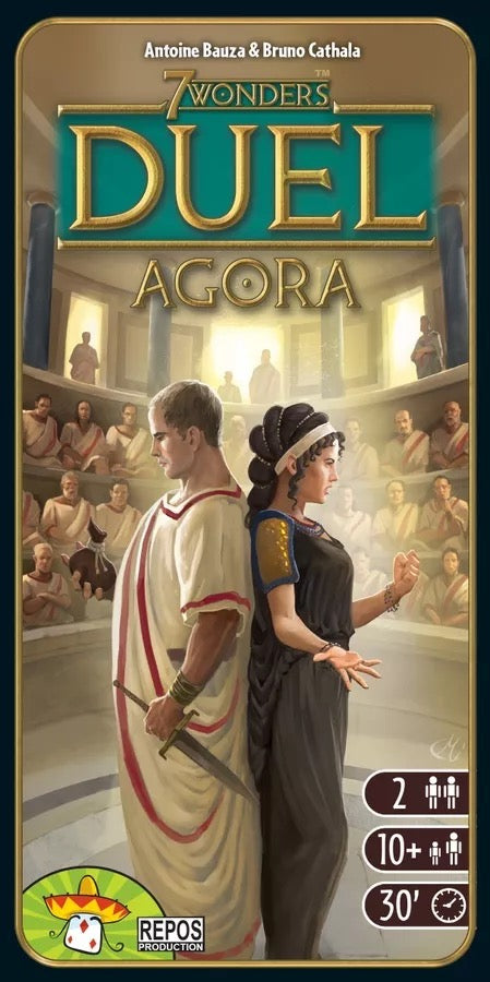 Board game cover for '7 Wonders Duel: Agora' featuring an illustration of Julius Caesar and Cleopatra in a historical setting, with game symbols and text.