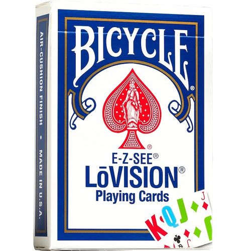 Bicycle E-Z-See LóVision playing cards deck box shown at a three-quarter angle on a white background, with a few cards fanned out at the bottom right.
