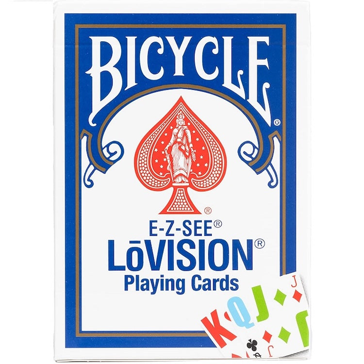 Bicycle E-Z-See LóVision Playing Cards box front shown on a white background, with a small stack of colorful playing cards partially visible in the lower right corner.