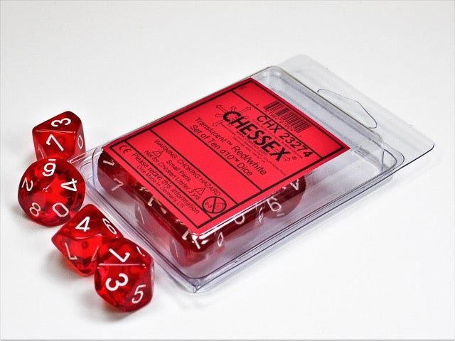 CHX23274: Translucent Red/White Set of Ten d10's