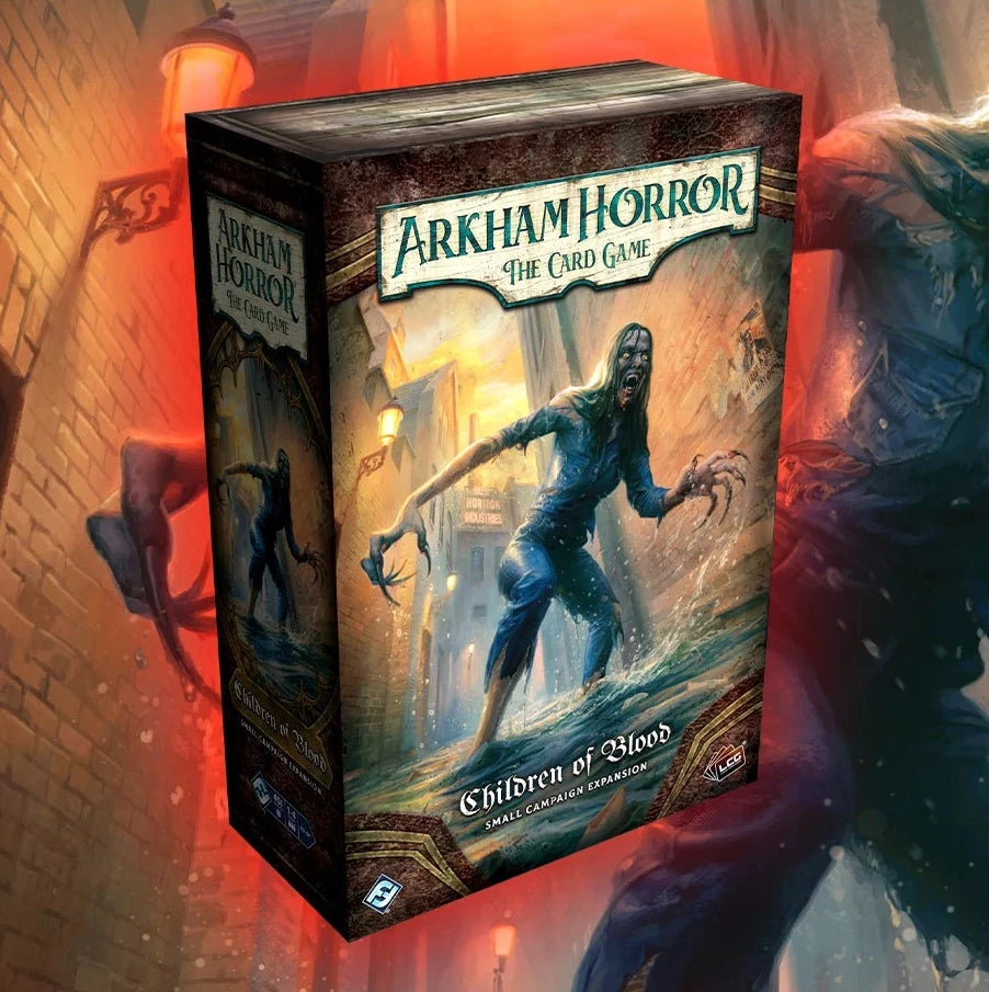 Arkham Horror: The Card Game box art shown prominently in the foreground, with a large illustrated creature and a brick alley scene in the background. Visible brand text includes Arkham Horror and the Card Game.