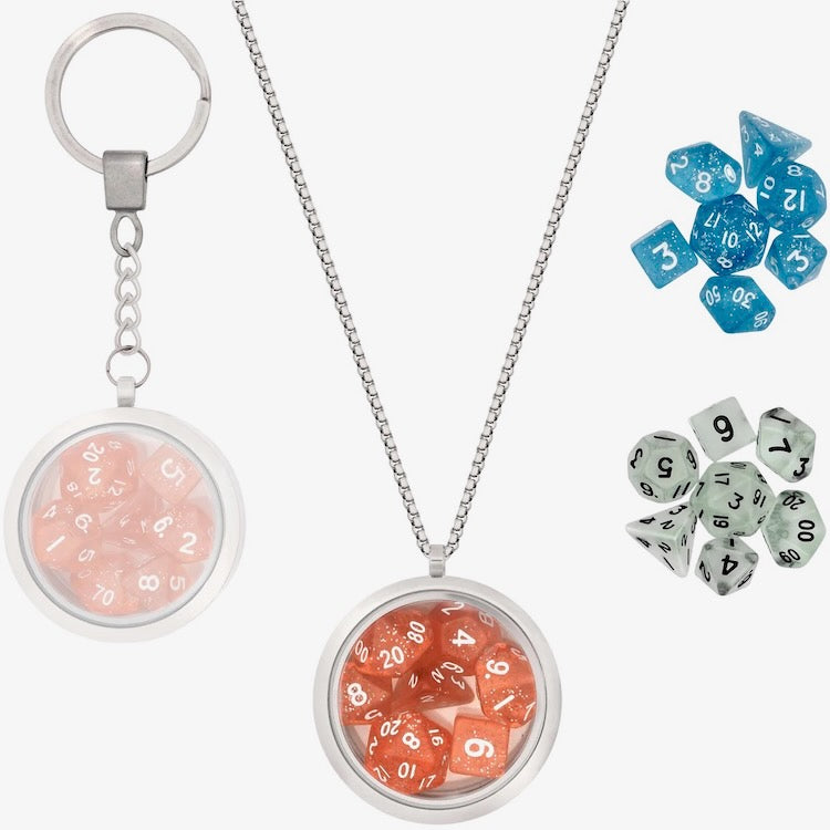 Dice Locket with Chain & Keychain + 3 Mini Dice Sets