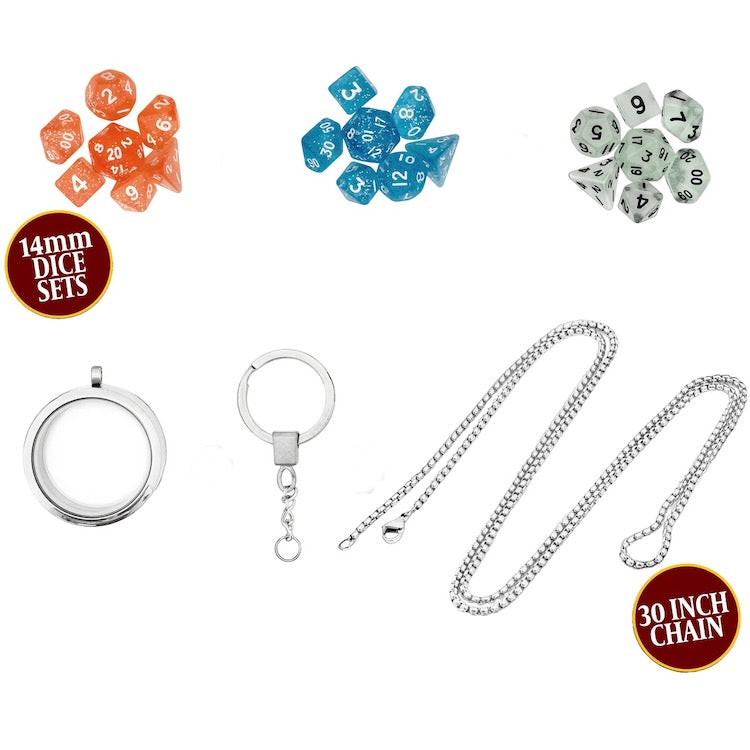 Dice Locket with Chain & Keychain + 3 Mini Dice Sets