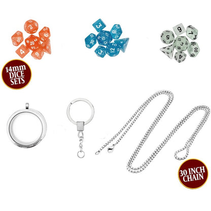 Dice Locket with Chain & Keychain + 3 Mini Dice Sets