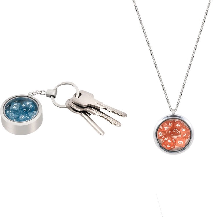 Dice Locket with Chain & Keychain + 3 Mini Dice Sets