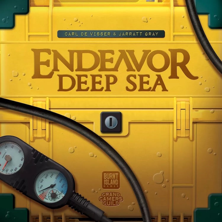 Yellow diving suit with 'Endeavor Deep Sea' text and pressure gauge on a dark background