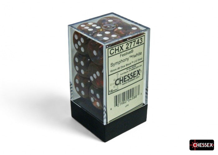 CHX27743: Festive Symphony/white 16mm d6 Dice Block (12 dice)
