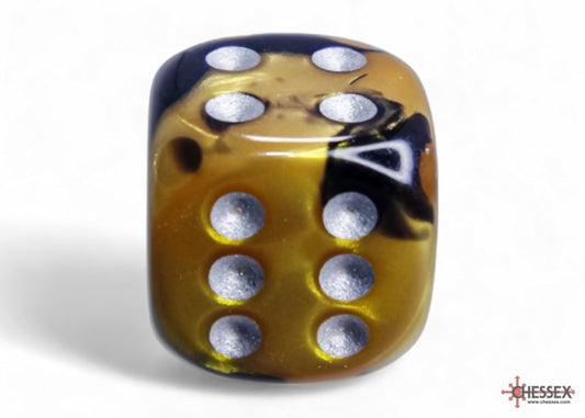 Gemini Black-Gold/silver 20mm d6 dice w/pips (Single Die)