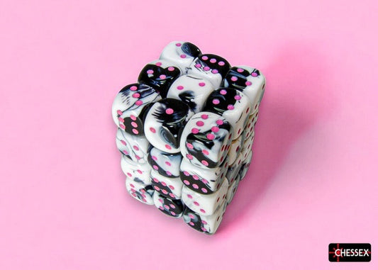 CHX26869: Gemini Black-White/pink 12mm d6 Dice Block (36 dice)