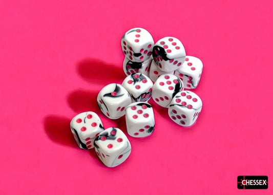 CHX26669: Gemini Black-White/pink 16mm d6 Dice Block (12 dice)