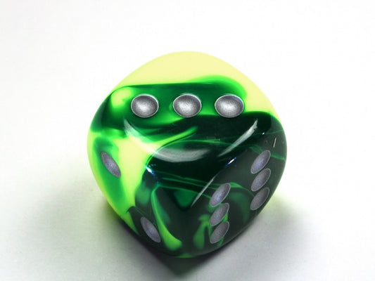 Gemini Green-Yellow/silver 20mm d6 dice w/pips (Single Die)