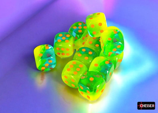 CHX26670: Gemini Plasma Green-Teal/orange Luminary 16mm d6 Dice Block (12 dice)