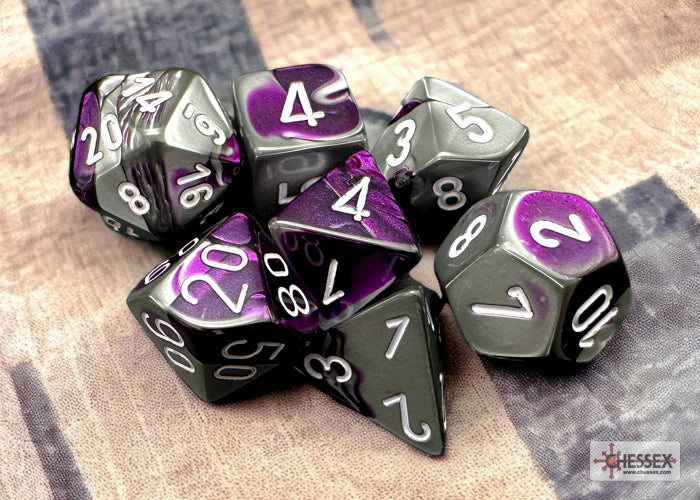 Gemini Purple-Steel/white Polyhedral Dice Set
