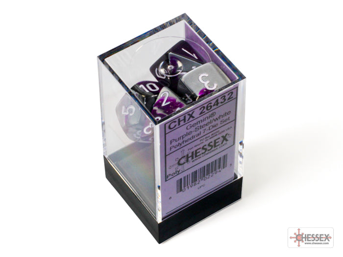Gemini Purple-Steel/white Polyhedral Dice Set